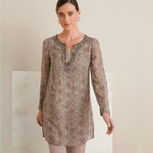 Chico's Taupe Patterned Tunic Top